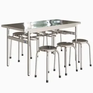 Bàn ăn công nghiệp có giá treo ghế Inox
